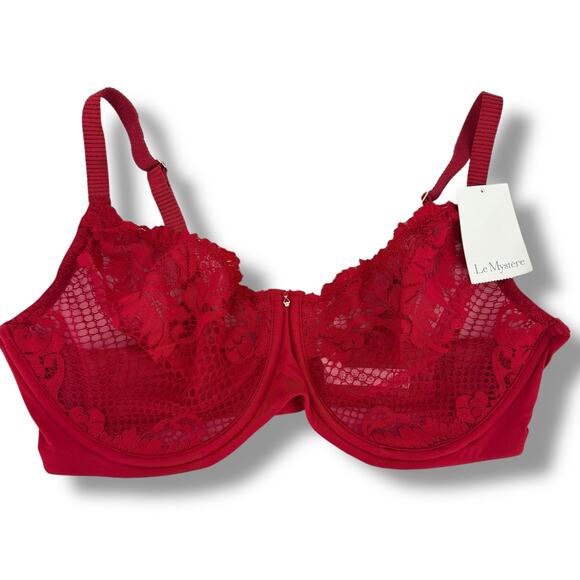 Le Mystere Lace Allure Demi Bra Size 36DDD Cherry Red Sheer Mesh Lined - Picture 1 of 6